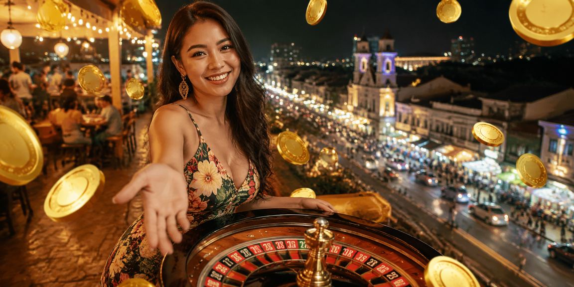 Meja roulette bercahaya di festival hiburan casino malam yang meriah